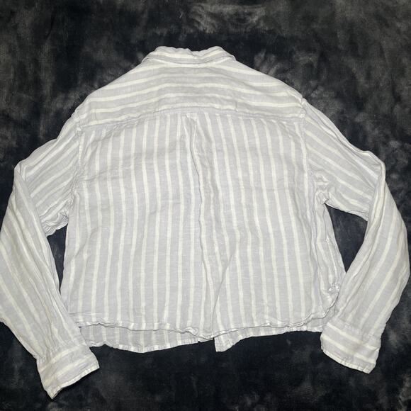 Gap 100% Linen Cropped Shirt Button Up Womens Size M Blue White Stripe Boxy - Picture 4 of 7